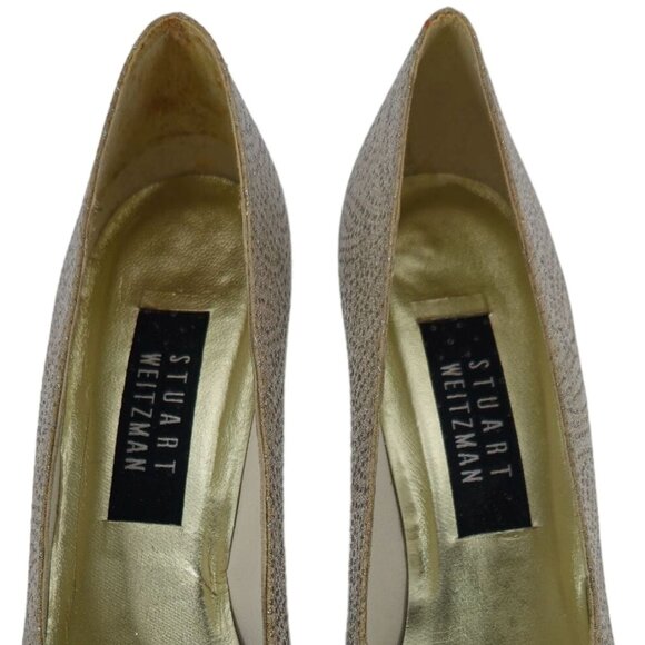 Stuart Weitzman Gold Silver Sparkly Fabric Pumps Women 8.5AAAA Dress Shoes Heels - Picture 13 of 16
